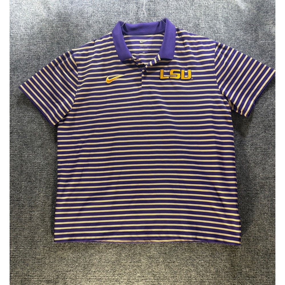 Nike LSU Tigers Polo Shirt Mens Large Purple Gold Striped Dri-FIT NCAA Football
